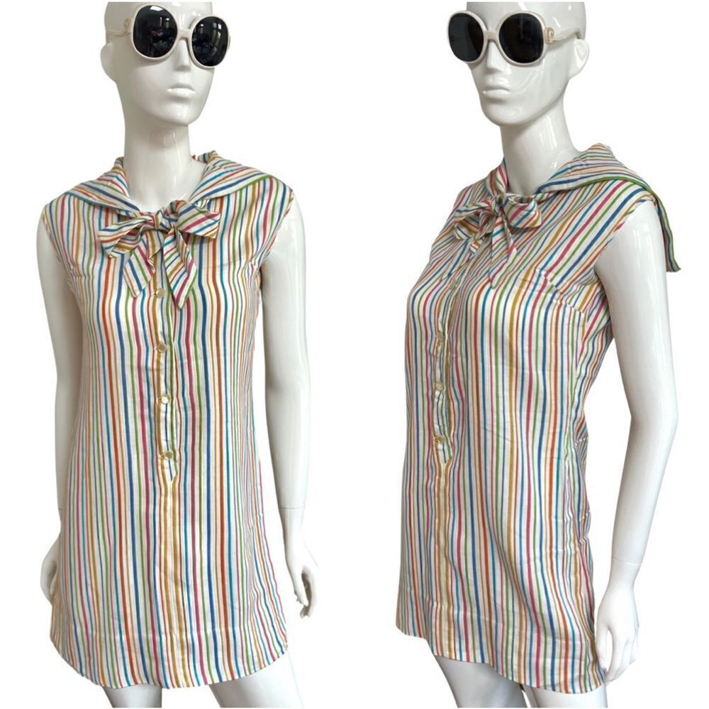 Funky Vintage 1960s Handmade One of a Kind Rainbow Stripe Pussybow Mini Dress